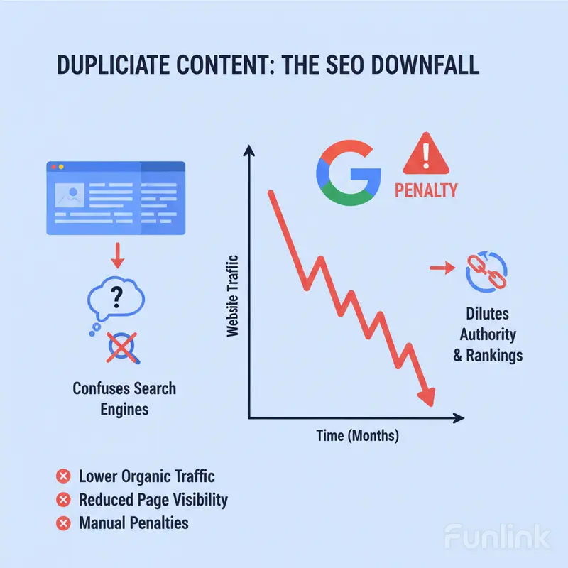 Infographic về tác động của việc không kiểm tra trùng lặp nội dung: traffic website sụt giảm nghiêm trọng.