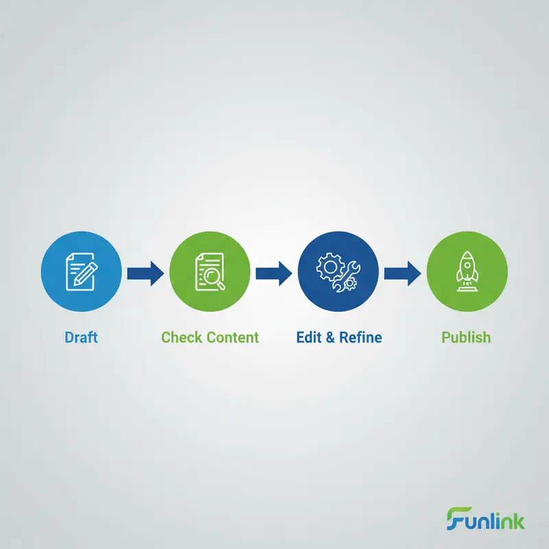 Sơ đồ quy trình 4 bước kiểm tra trùng lặp nội dung từ bản nháp đến xuất bản.