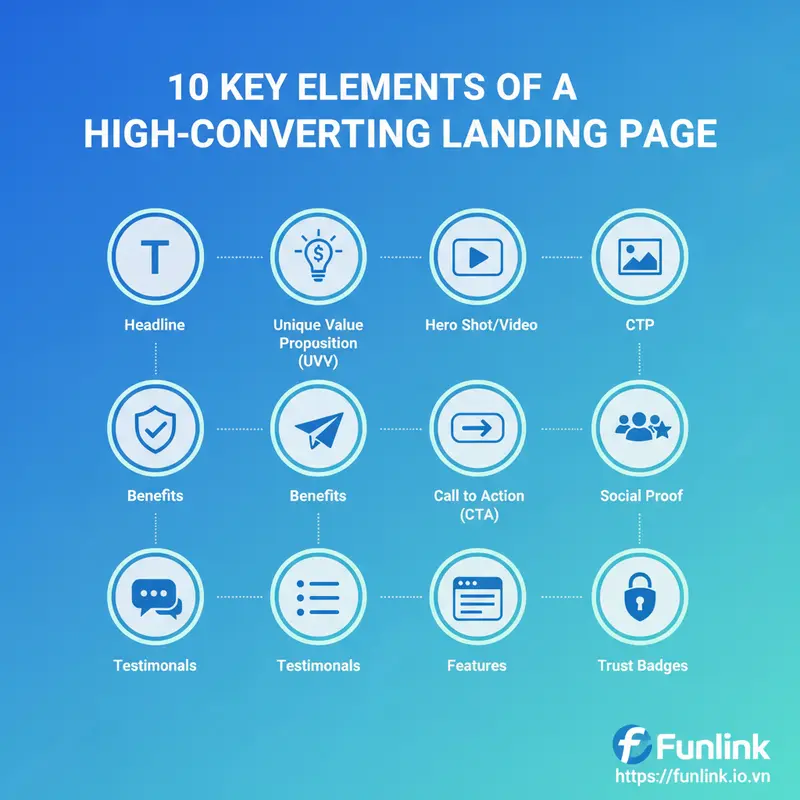 Infographic tổng hợp 10 yếu tố của một landing page chuyển đổi cao cho chiến dịch quảng cáo.