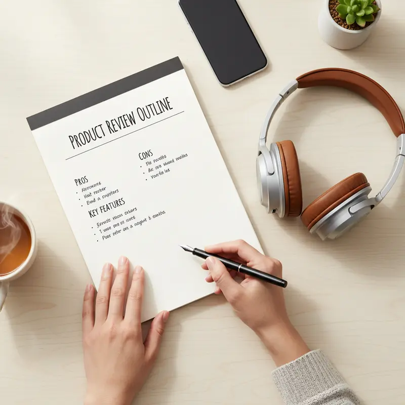 Một người đang lập dàn ý chi tiết cho bài viết review sản phẩm trên sổ tay.