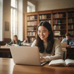 Một bạn sinh viên đang ngồi trong thư viện và sử dụng laptop để học bài