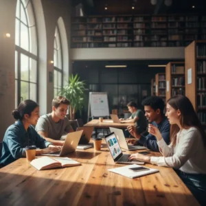 Sinh viên đang sử dụng laptop để học tập trong một không gian hiện đại