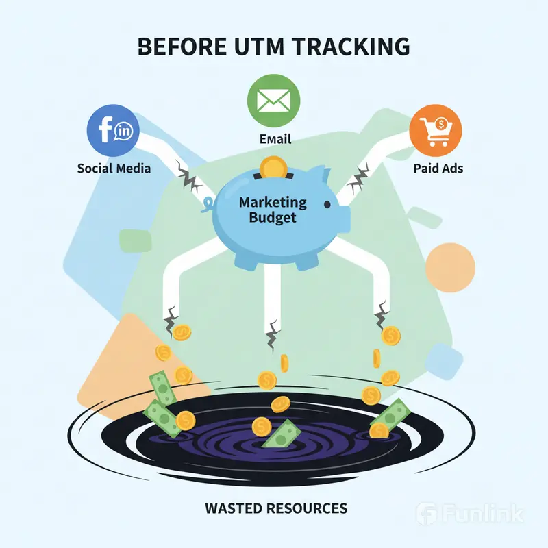 Sơ đồ mô phỏng ngân sách marketing bị phân mảnh trước khi có lịch sử của UTM.