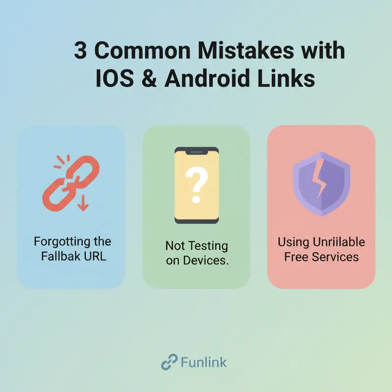Infographic 3 sai lầm cần tránh khi tạo link cho iOS và Android, bao gồm bỏ qua fallback, không test và dùng dịch vụ kém.