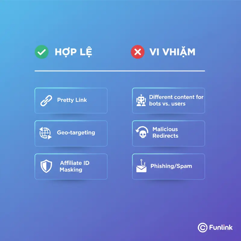 Sơ đồ so sánh Link Cloaking hợp lệ như Pretty Link và vi phạm chính sách như che giấu nội dung.