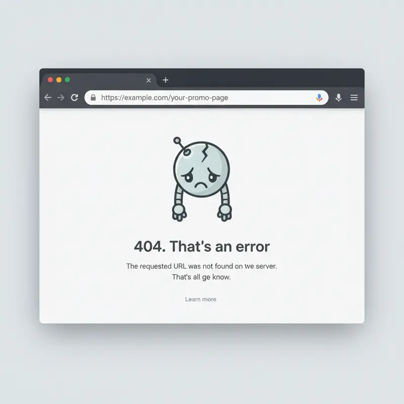Ảnh chụp màn hình lỗi 404 của một link quảng cáo không hoạt động trên trình duyệt.