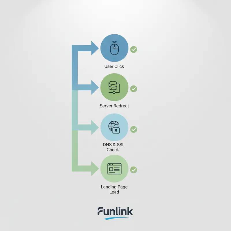 Sơ đồ luồng xử lý link quảng cáo không hoạt động, từ lúc click đến khi tải landing page thành công.