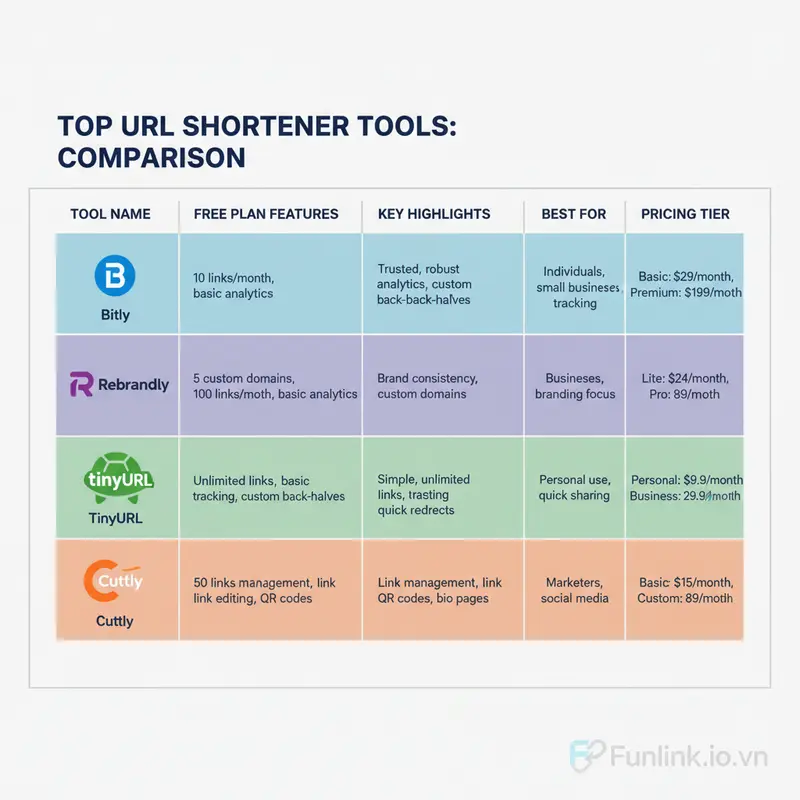 Bảng so sánh các công cụ tạo link rút gọn tên miền riêng như Bitly, Rebrandly.
