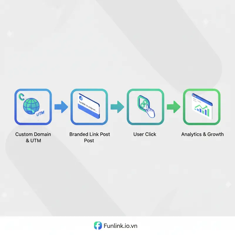 Infographic 4 bước sử dụng link rút gọn trên Facebook hiệu quả, từ tạo link UTM đến phân tích báo cáo.
