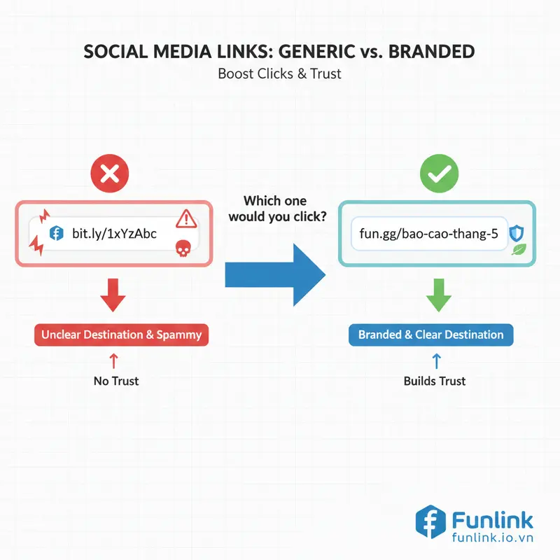 Sơ đồ so sánh link rút gọn trên Facebook: link spam so với link an toàn dùng tên miền riêng.