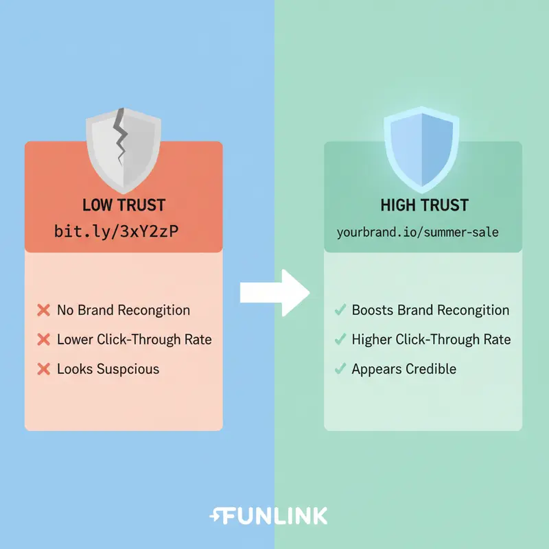 Infographic so sánh độ tin cậy của link rút gọn chung và branded link trong email marketing.