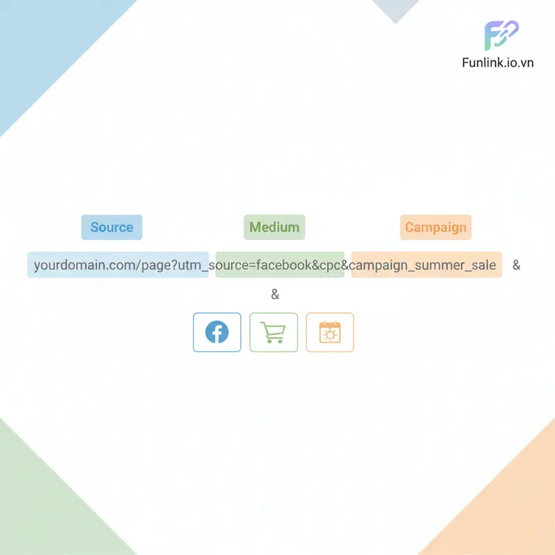Minh họa cấu trúc link trong quảng cáo với các thành phần UTM source, medium, campaign được highlight.