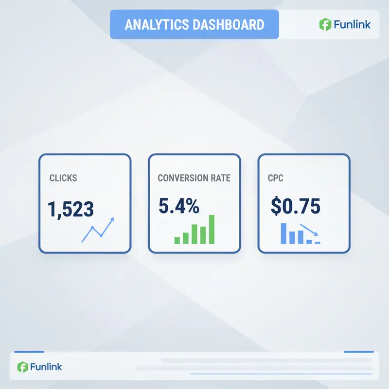 Dashboard phân tích hiệu quả link trong quảng cáo với các chỉ số Clicks, Conversion Rate, CPC.