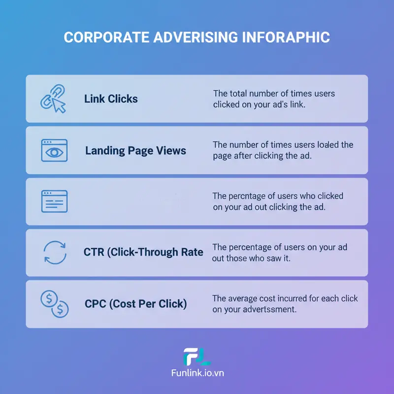 Bảng so sánh các chỉ số link trong quảng cáo: CTR, CPC, Link Clicks, và Landing Page Views.