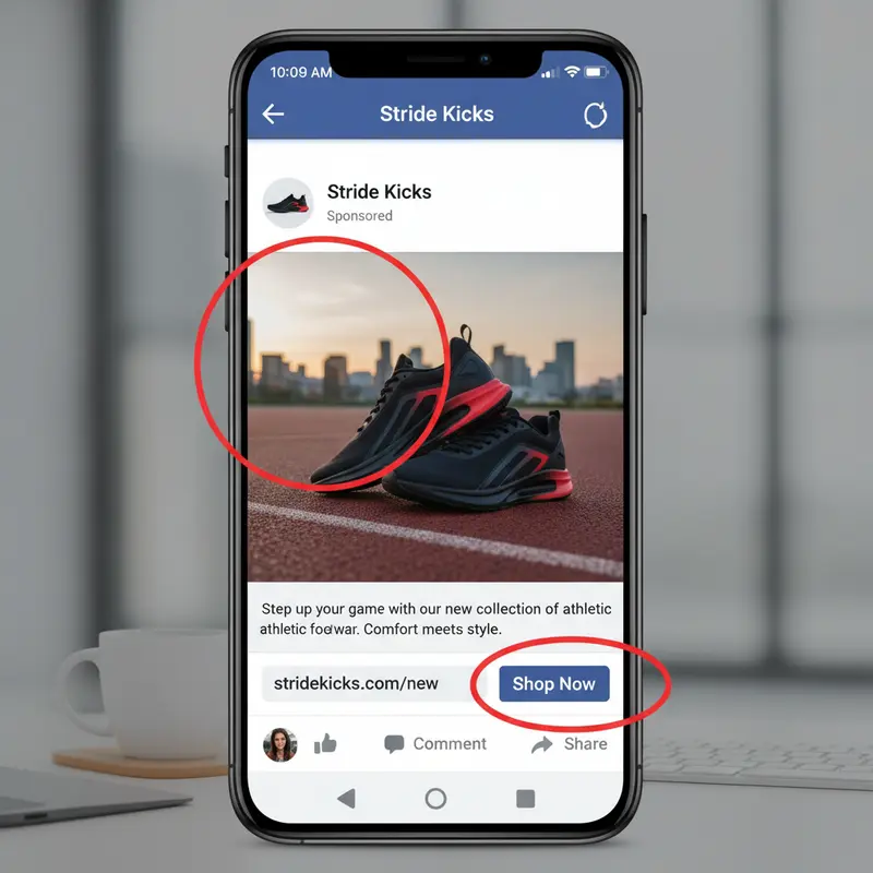 Ví dụ về các vị trí đặt link trong quảng cáo Facebook: nút CTA, hình ảnh, và link hiển thị.