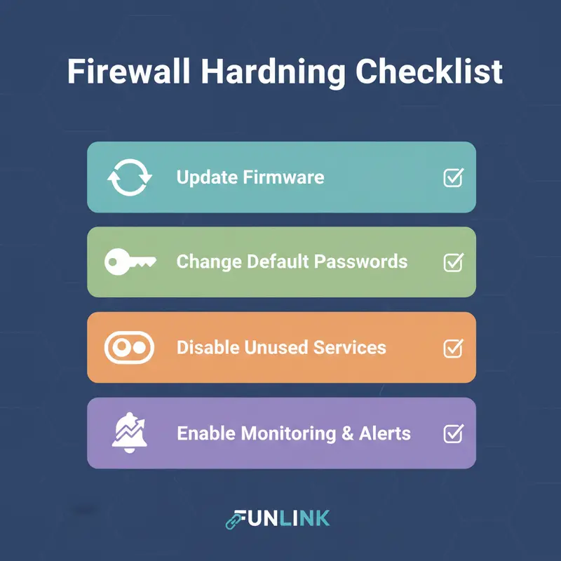 Infographic checklist các bước hardening firewall để vá lỗ hổng thiết bị mạng.