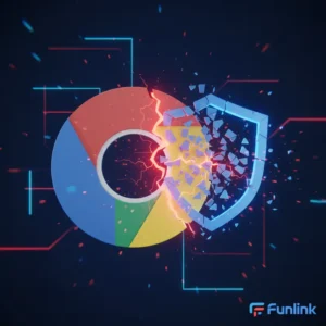 Cảnh báo lỗ hổng trình duyệt Chrome nghiêm trọng với biểu tượng lá chắn bị phá vỡ.