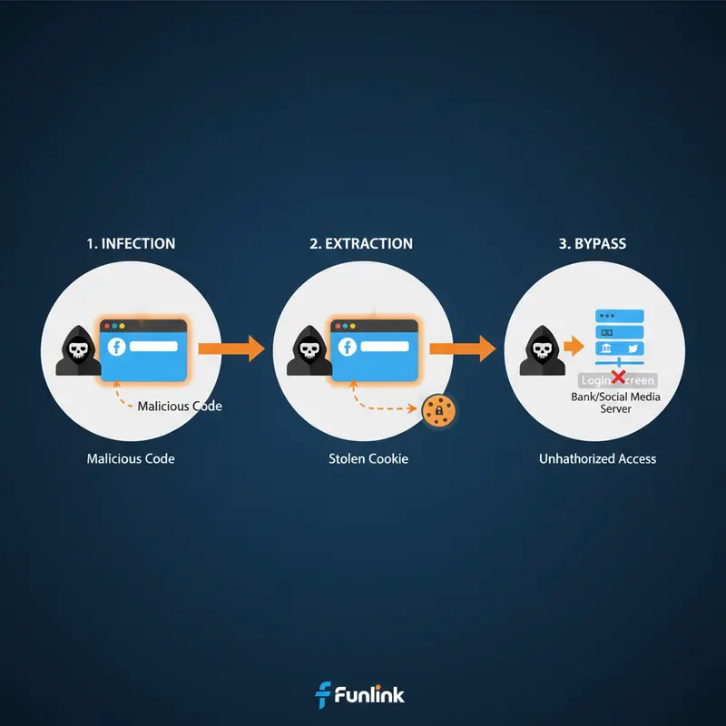 Sơ đồ mô tả cách lỗ hổng trình duyệt Chrome bị lợi dụng để đánh cắp cookie.