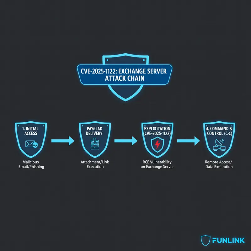 Sơ đồ chuỗi tấn công lỗ hổng zero-day CVE-2025-1122 vào Microsoft Exchange.