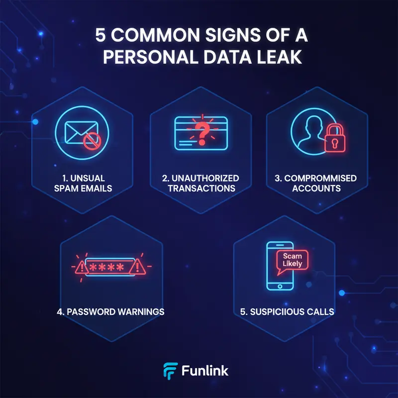 Infographic 5 dấu hiệu cảnh báo lộ lọt dữ liệu cá nhân, bao gồm tin nhắn rác và giao dịch lạ.