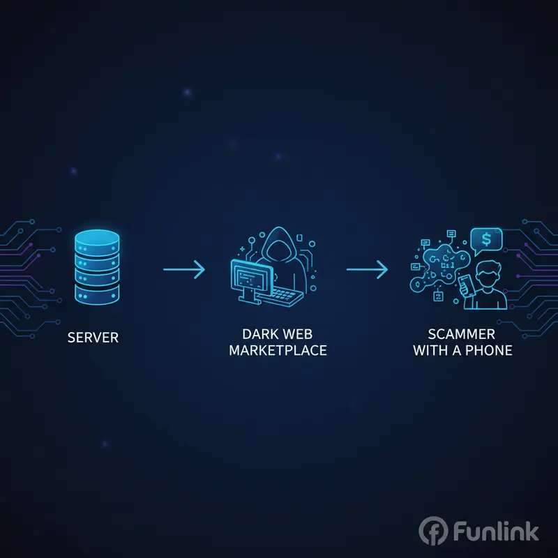 Sơ đồ mô tả luồng di chuyển dữ liệu cá nhân bị đánh cắp từ máy chủ đến Dark Web.