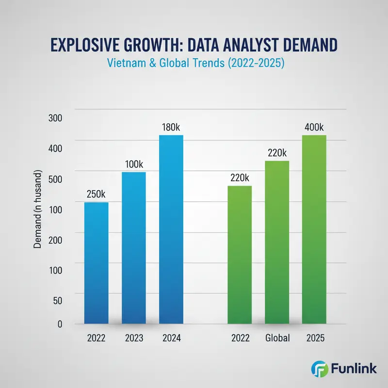 Biểu đồ cột về lộ trình trở thành data analyst, thể hiện tốc độ tăng trưởng nhu cầu nhân lực ngành tại Việt Nam và thế giới.