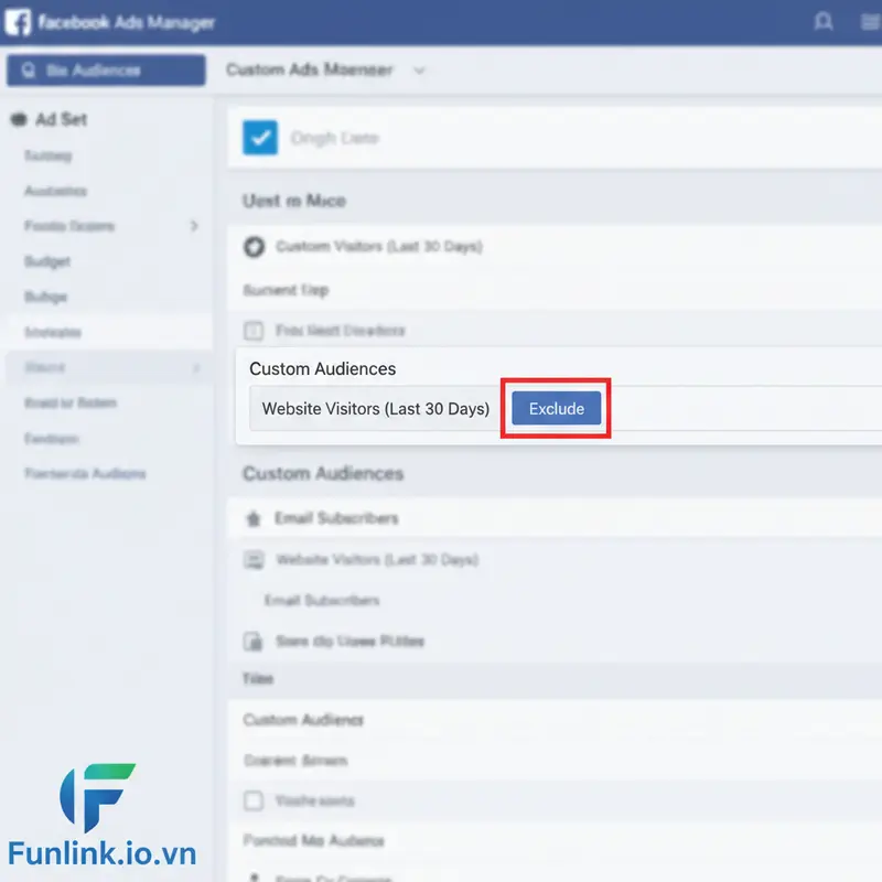 Screenshot hướng dẫn cách loại trừ khách hàng đã mua trong Trình quản lý quảng cáo Facebook.