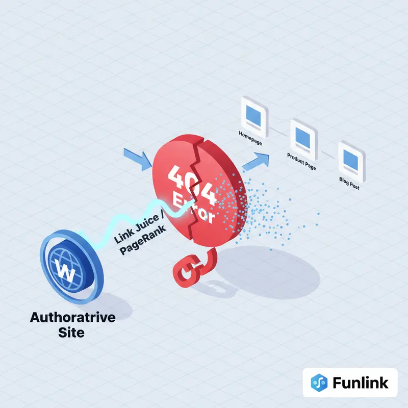 Sơ đồ giải thích lỗi 404 có ảnh hưởng đến SEO không qua việc làm mất sức mạnh backlink.