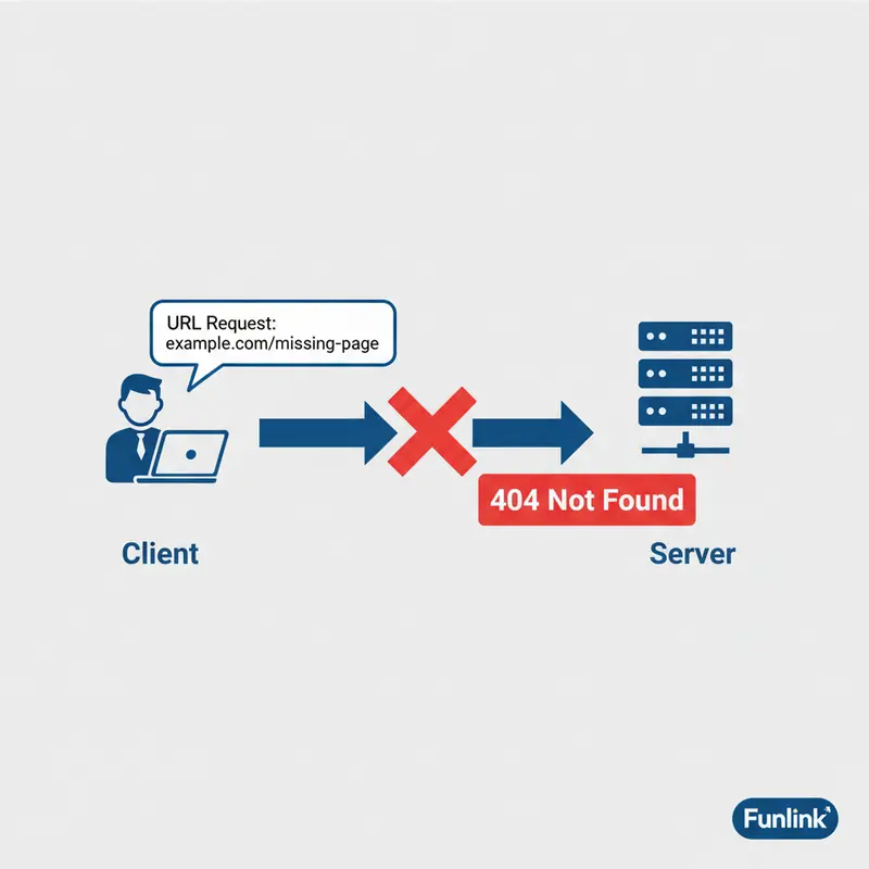 Lỗi 404 là gì - Sơ đồ mô phỏng client yêu cầu URL không tồn tại và server trả về lỗi 404.