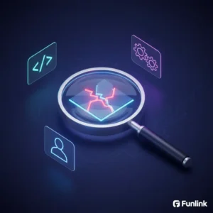 Hình ảnh giải mã các lỗi cài đặt GA4 với biểu tượng kính lúp soi vào một biểu đồ dữ liệu bị lỗi.