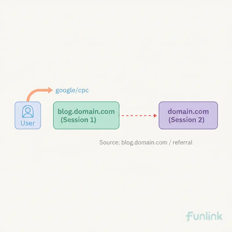 Sơ đồ giải thích lỗi cross-domain tracking: người dùng đi từ blog.domain.com sang domain.com nhưng bị GA4 ghi nhận sai là nguồn referral.