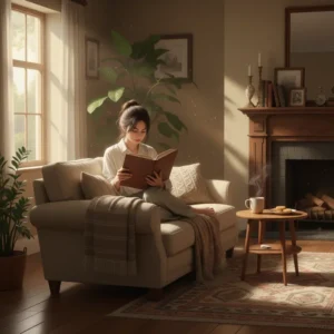 Một người đang thư giãn đọc sách trên ghế sofa trong một căn phòng ấm cúng.