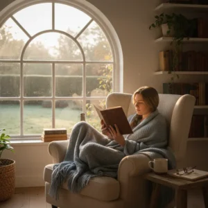 Lợi ích của việc đọc sách - một người đang ngồi đọc sách bên cửa sổ ngập nắng