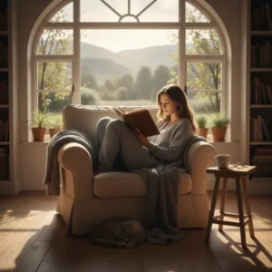 Người phụ nữ ngồi bên cửa sổ đọc sách, ánh nắng ban mai chiếu vào