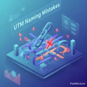 10 lỗi sai khi đặt tên UTM được minh họa bằng các icon cảnh báo màu đỏ trên nền giao diện phân tích dữ liệu lộn xộn.