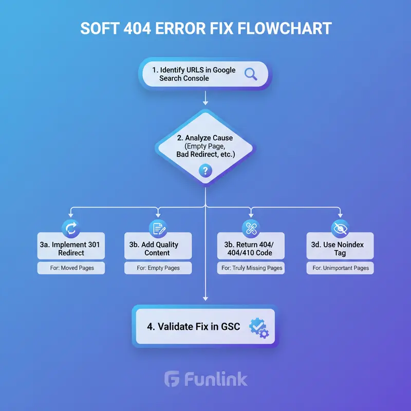 Quy trình sửa lỗi Soft 404 dạng flowchart chi tiết cho người làm SEO.