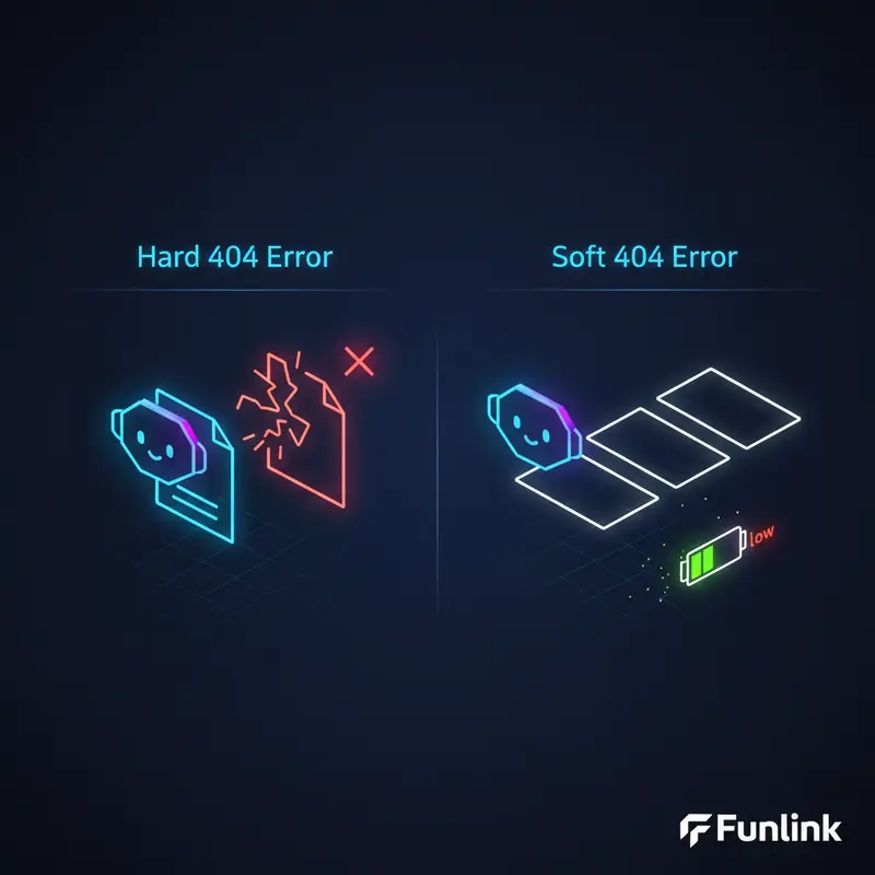 Sơ đồ so sánh cách Googlebot xử lý lỗi Soft 404 và Hard 404, ảnh hưởng đến ngân sách crawl.