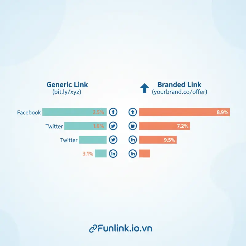 Infographic so sánh lỗi thường gặp khi cài đặt branded link: CTR của branded link cao hơn hẳn link chung trên mạng xã hội.