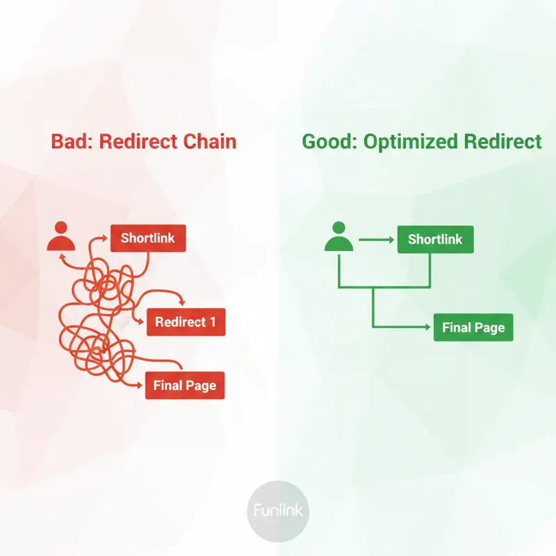 Sơ đồ so sánh chuỗi chuyển hướng phức tạp và chuỗi chuyển hướng tối ưu cho shortlink.