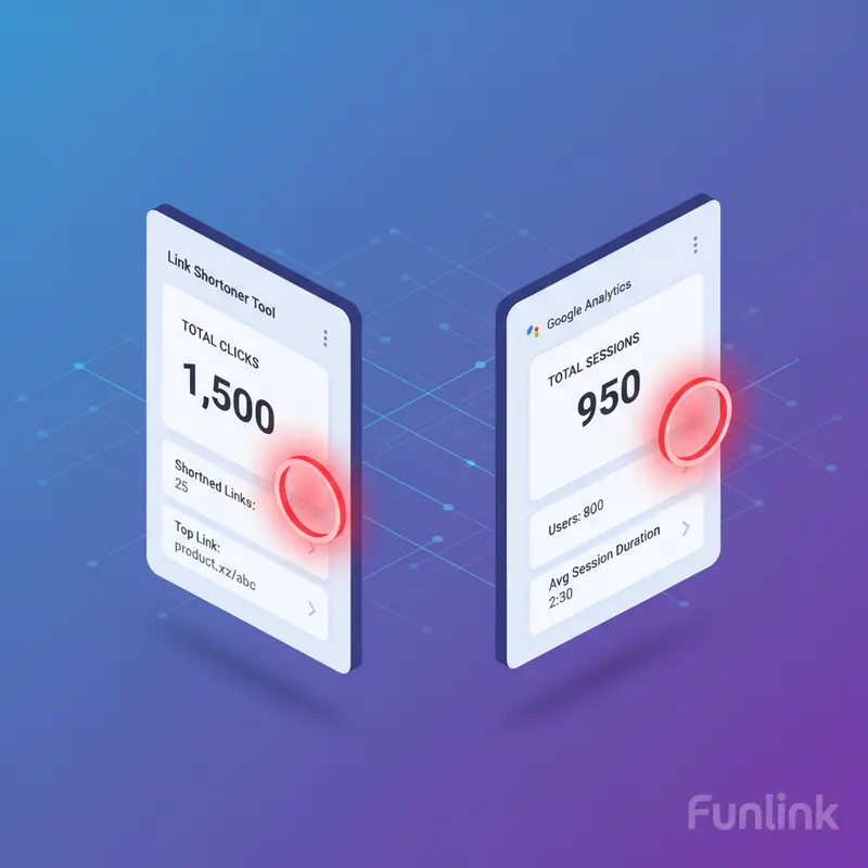 So sánh dữ liệu click của một shortlink giữa công cụ rút gọn link và Google Analytics cho thấy sự chênh lệch.