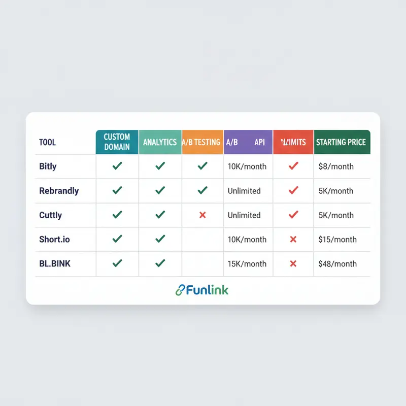 Bảng so sánh các lựa chọn thay thế Bitly hàng đầu như Rebrandly, Cuttly, Short.io về tính năng và giá.