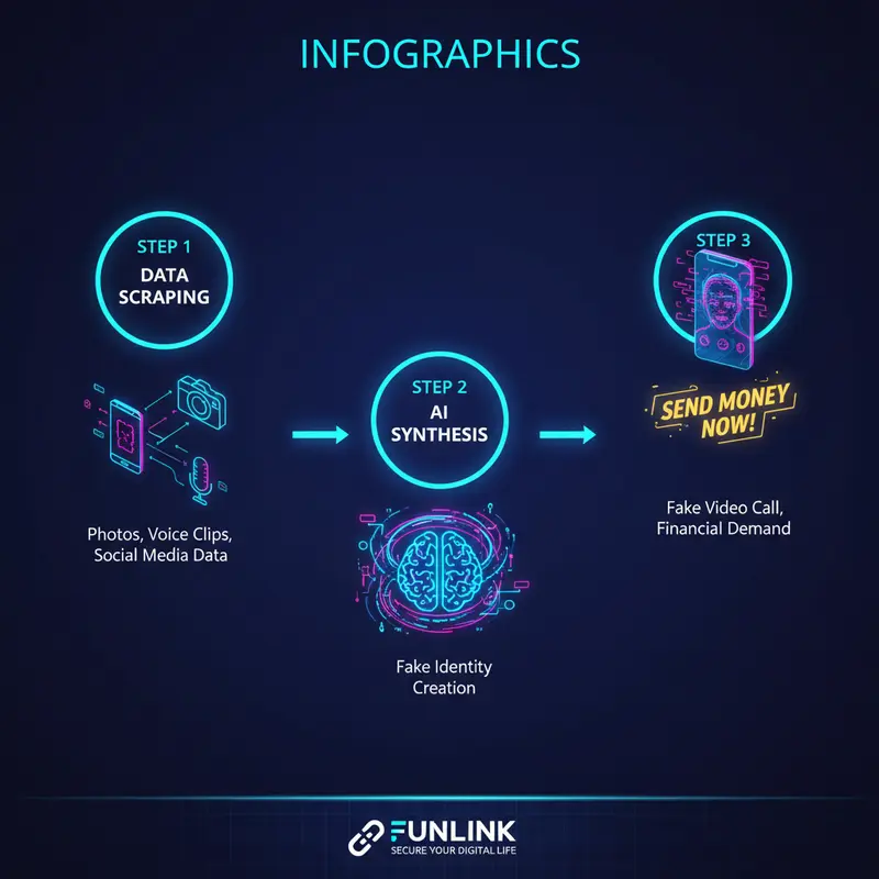 Infographic quy trình 3 bước của lừa đảo deepfake video call từ thu thập dữ liệu đến thực hiện cuộc gọi.