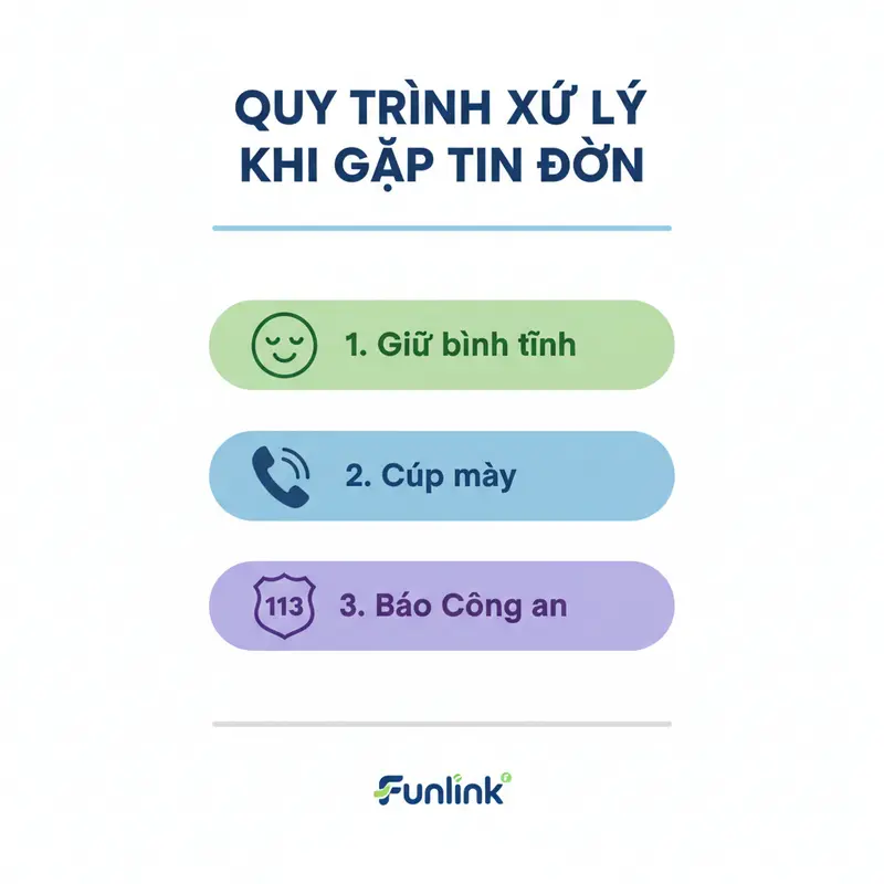 Infographic hướng dẫn 3 bước xử lý cuộc gọi lừa đảo giả danh công an: giữ bình tĩnh, cúp máy, báo 113.