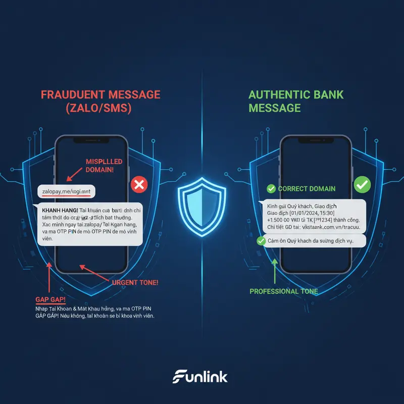 Infographic so sánh tin nhắn lừa đảo giả mạo nhân viên ngân hàng và tin nhắn thật