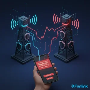 Cảnh báo lừa đảo qua trạm phát sóng bts giả với hình ảnh cột sóng và biểu tượng nguy hiểm.