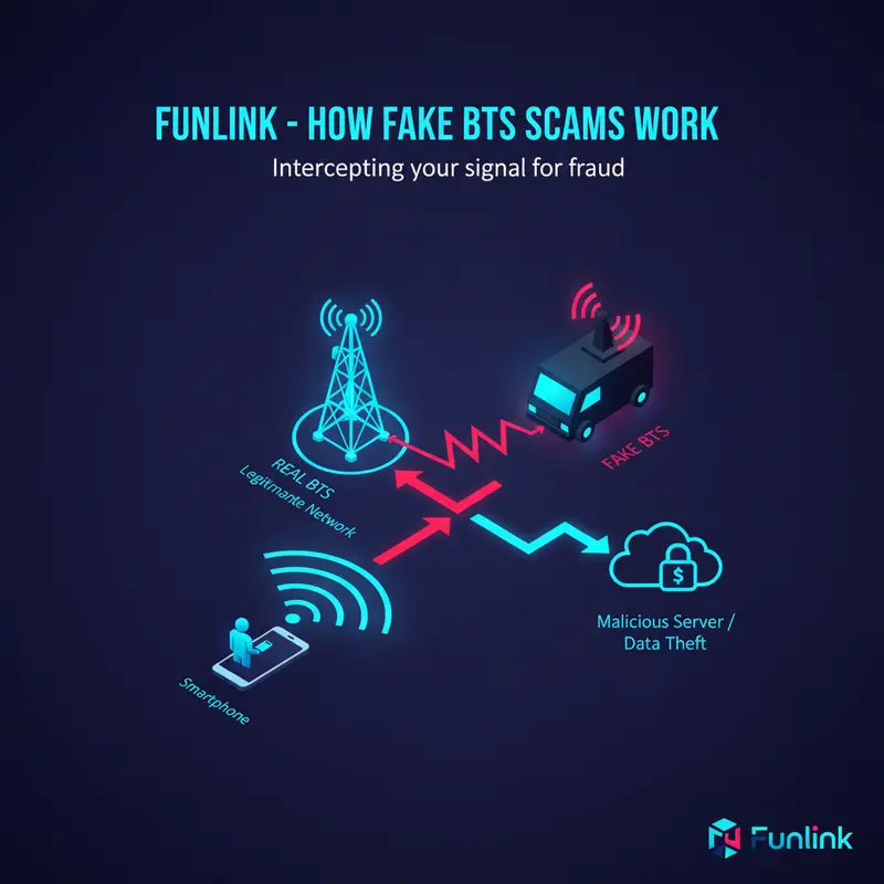 Infographic giải thích cách thức hoạt động của lừa đảo qua trạm phát sóng BTS giả.
