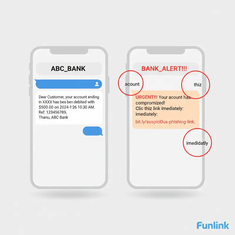 So sánh tin nhắn lừa đảo qua trạm phát sóng BTS giả và tin nhắn thật từ ngân hàng.