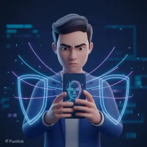 Cẩm nang nhận diện lừa đảo trực tuyến deepfake với hình ảnh một người cảnh giác nhìn vào màn hình điện thoại có dấu hiệu giả mạo.