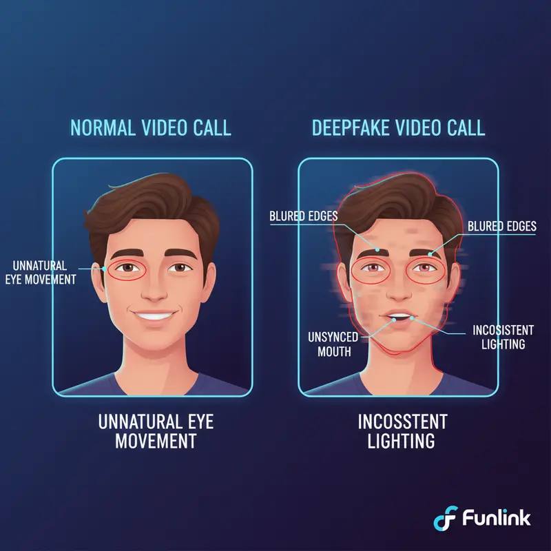 Infographic so sánh video thường và video lừa đảo trực tuyến deepfake, chỉ ra các dấu hiệu nhận biết như mắt, miệng và ánh sáng.