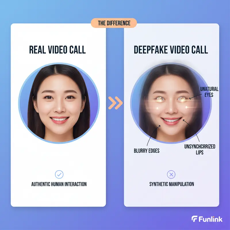 So sánh cuộc gọi video thật và giả trong lừa đảo trực tuyến deepfake, chỉ ra các dấu hiệu bất thường.